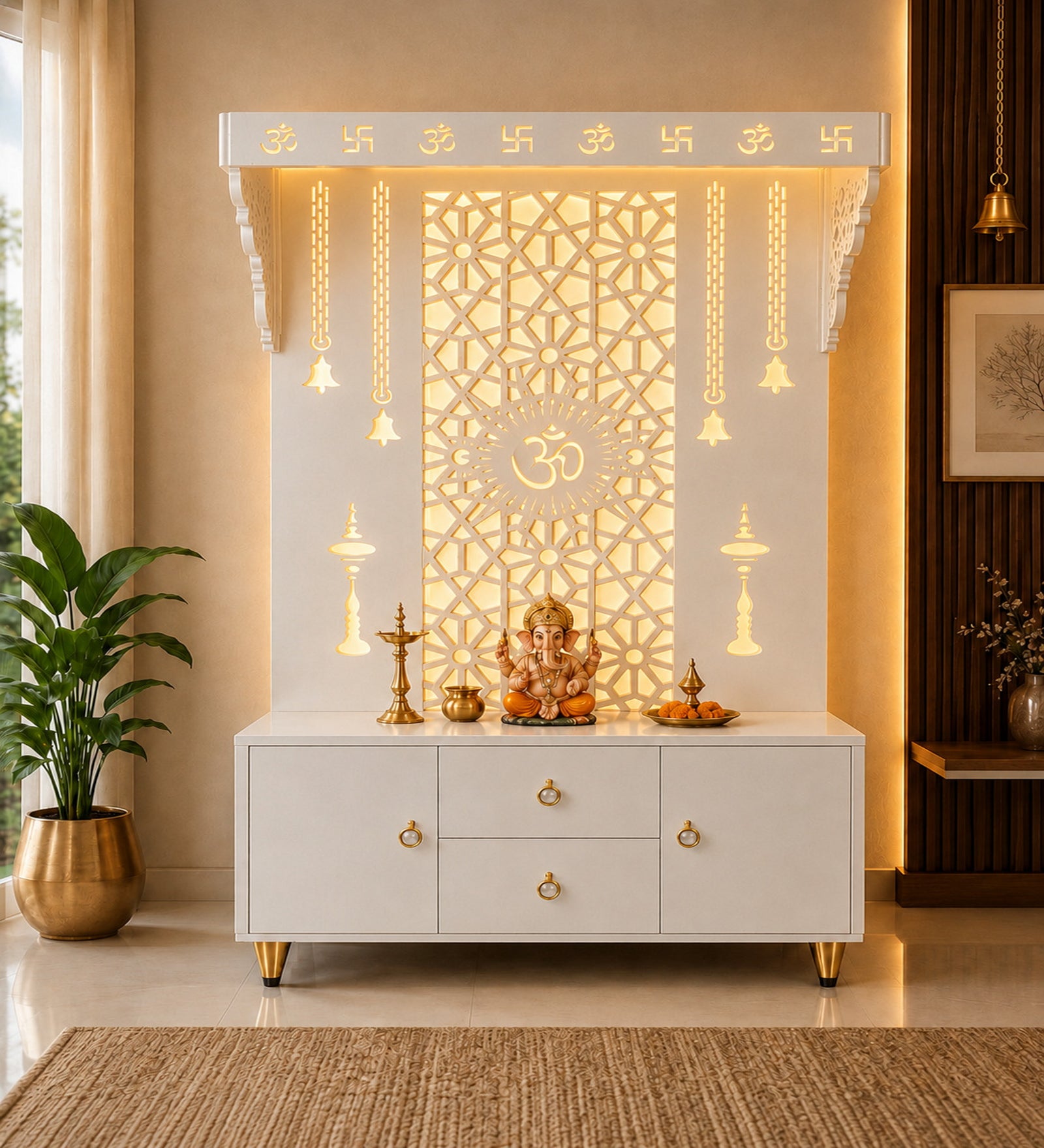 Spacious Wooden Pooja Mandir with Backlit Om Design and Storage