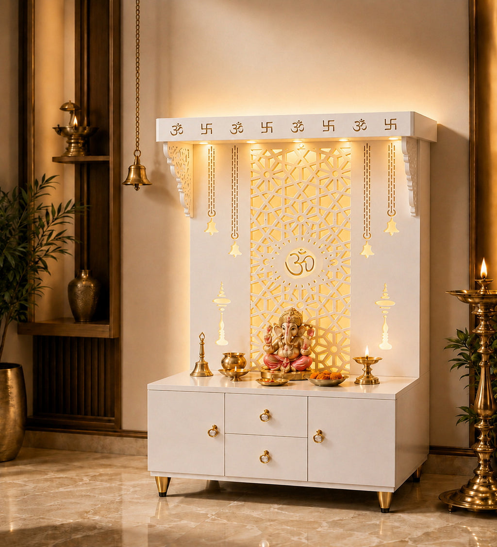 Spacious Wooden Pooja Mandir with Backlit Om Design and Storage