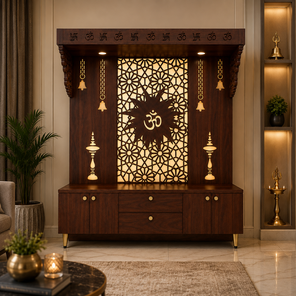 Spacious Wooden Pooja Mandir with Backlit Om Design and Storage