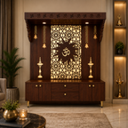 Spacious Wooden Pooja Mandir with Backlit Om Design and Storage