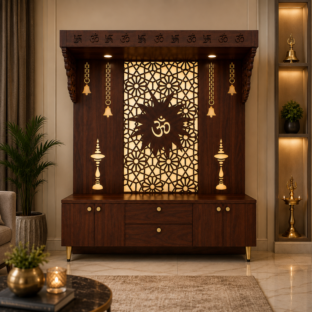 Spacious Wooden Pooja Mandir with Backlit Om Design and Storage