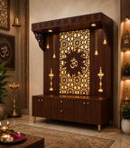 Spacious Wooden Pooja Mandir with Backlit Om Design and Storage