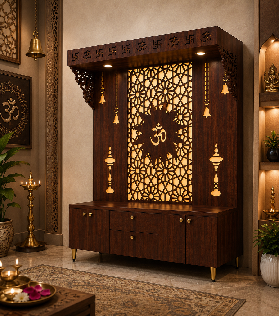 Spacious Wooden Pooja Mandir with Backlit Om Design and Storage