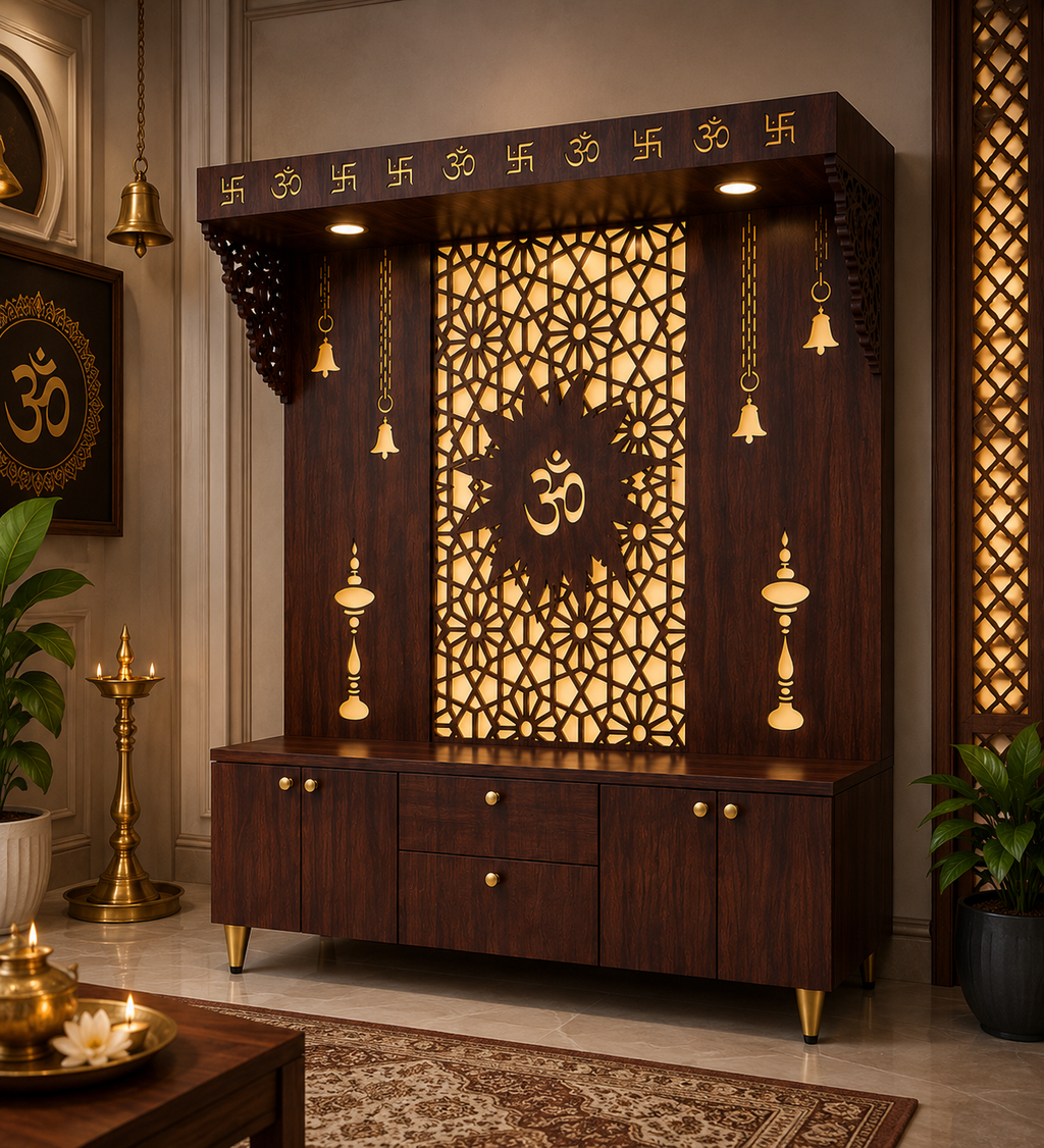 Spacious Wooden Pooja Mandir with Backlit Om Design and Storage