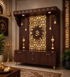 Spacious Wooden Pooja Mandir with Backlit Om Design and Storage
