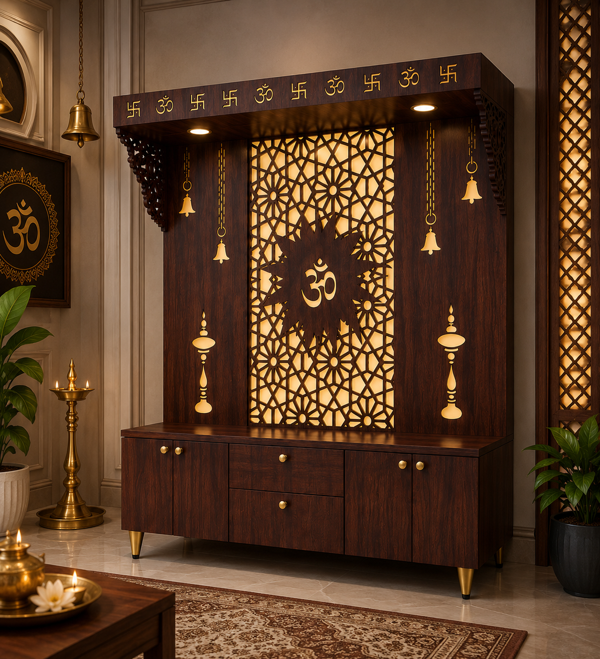 Spacious Wooden Pooja Mandir with Backlit Om Design and Storage