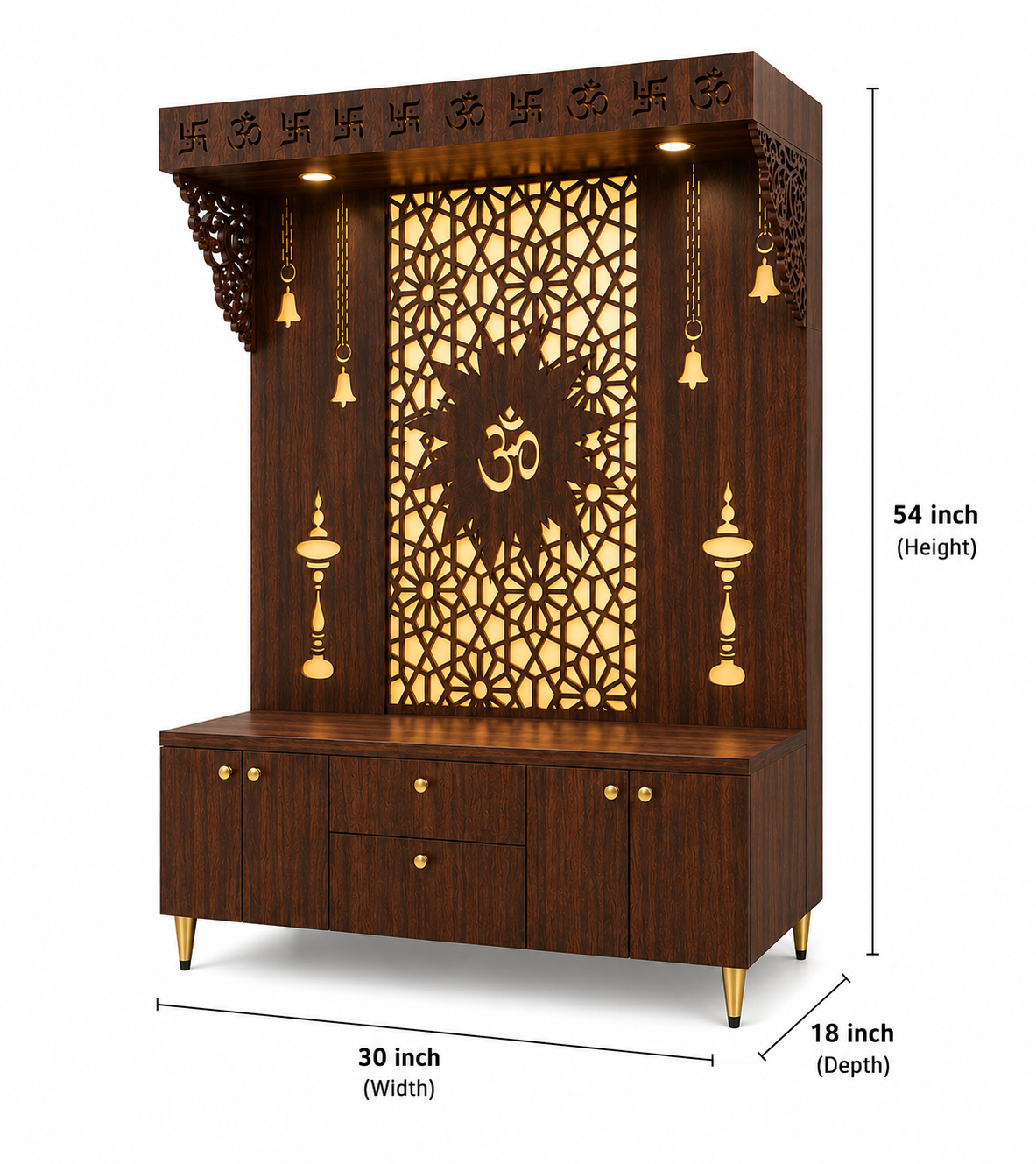 Spacious Wooden Pooja Mandir with Backlit Om Design and Storage