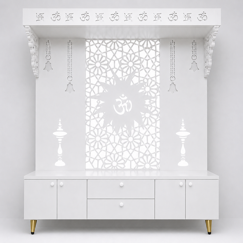 Spacious Wooden Pooja Mandir with Backlit Om Design and Storage