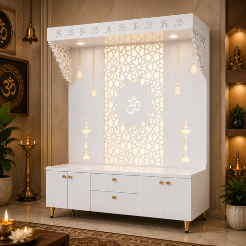 Spacious Wooden Pooja Mandir with Backlit Om Design and Storage