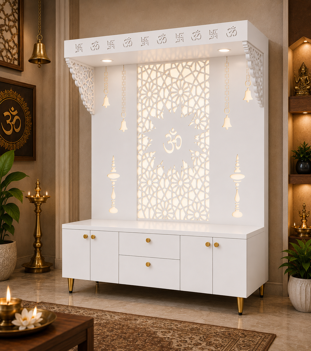 Spacious Wooden Pooja Mandir with Backlit Om Design and Storage
