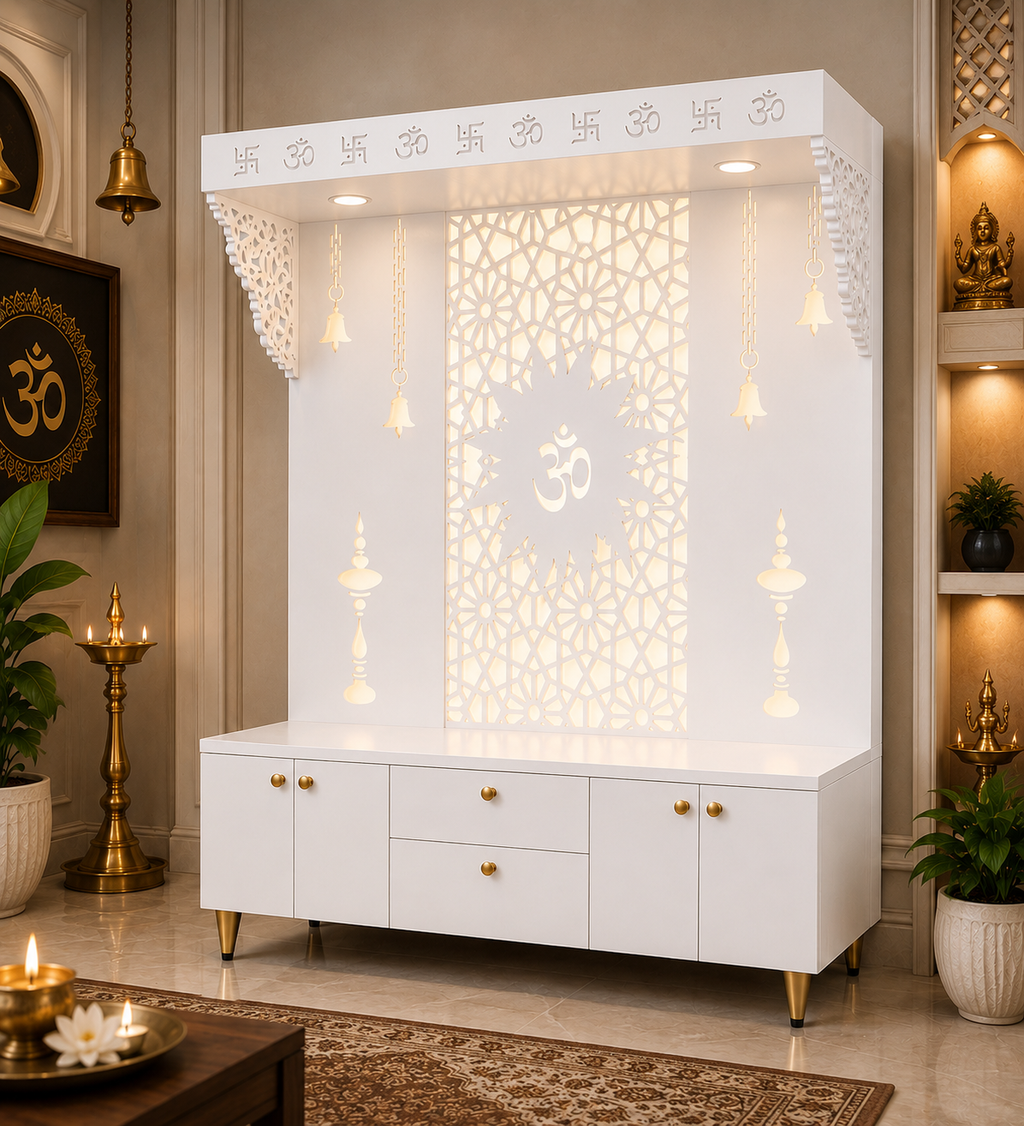 Spacious Wooden Pooja Mandir with Backlit Om Design and Storage