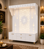 Spacious Wooden Pooja Mandir with Backlit Om Design and Storage