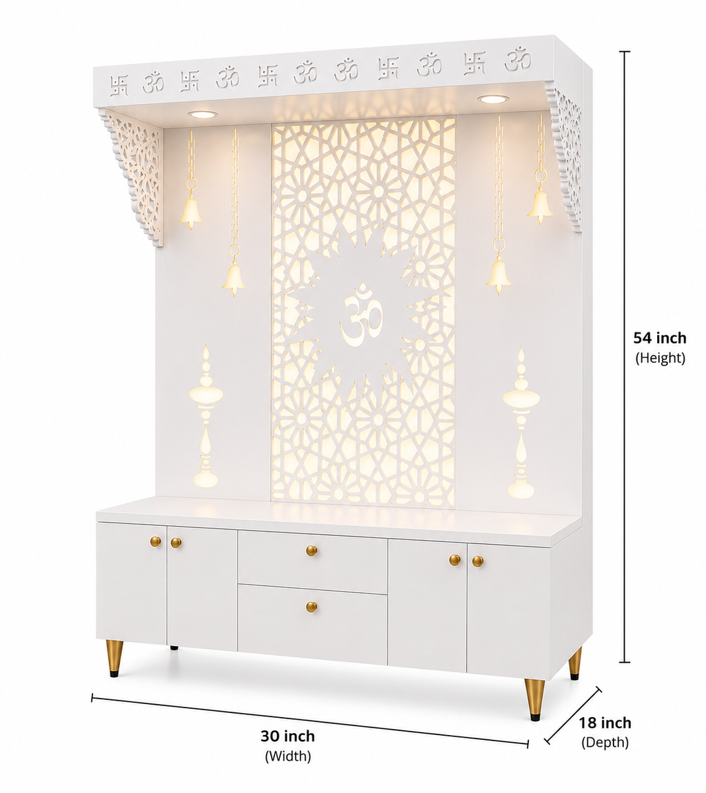 Spacious Wooden Pooja Mandir with Backlit Om Design and Storage