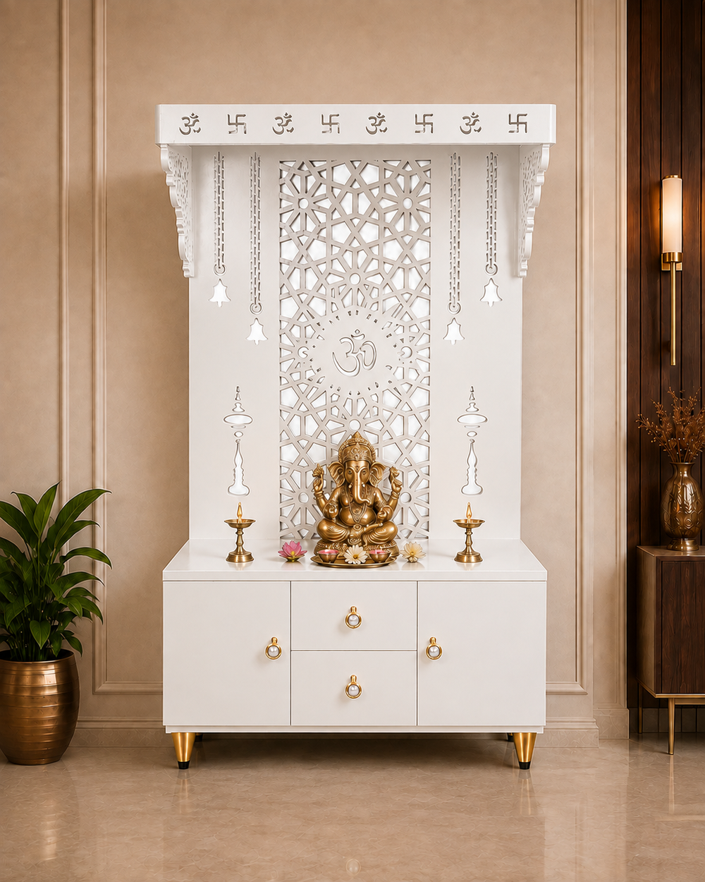 Spacious Wooden Pooja Mandir with Backlit Om Design and Storage