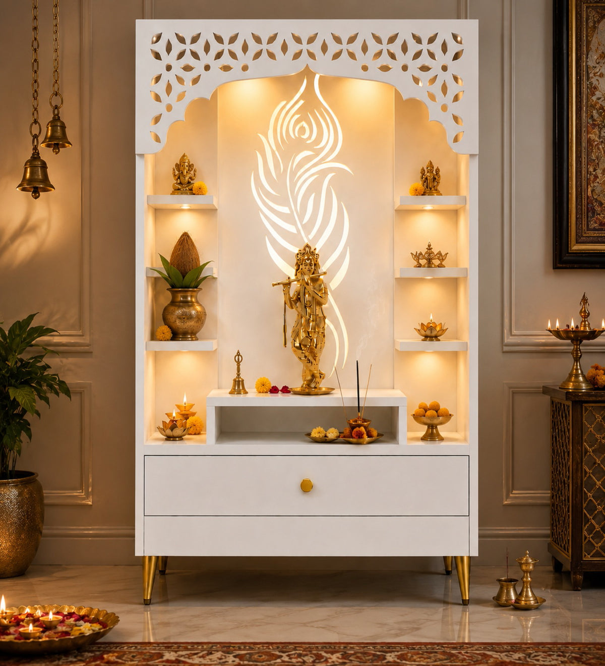 Designer Floor Pooja Mandir with LED Panel and Krishna Theme