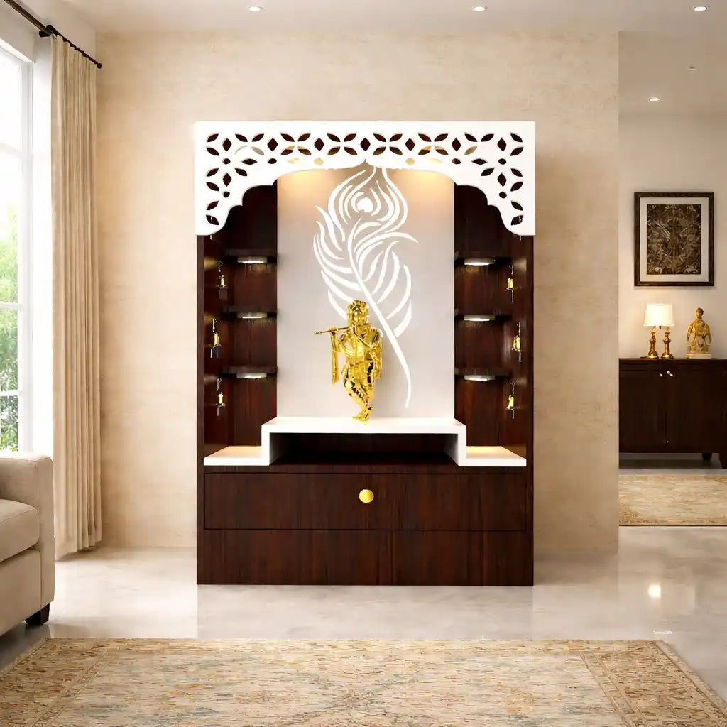 Designer Floor Pooja Mandir with LED Panel and Krishna Theme