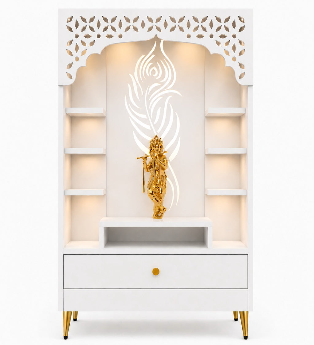 Designer Floor Pooja Mandir with LED Panel and Krishna Theme