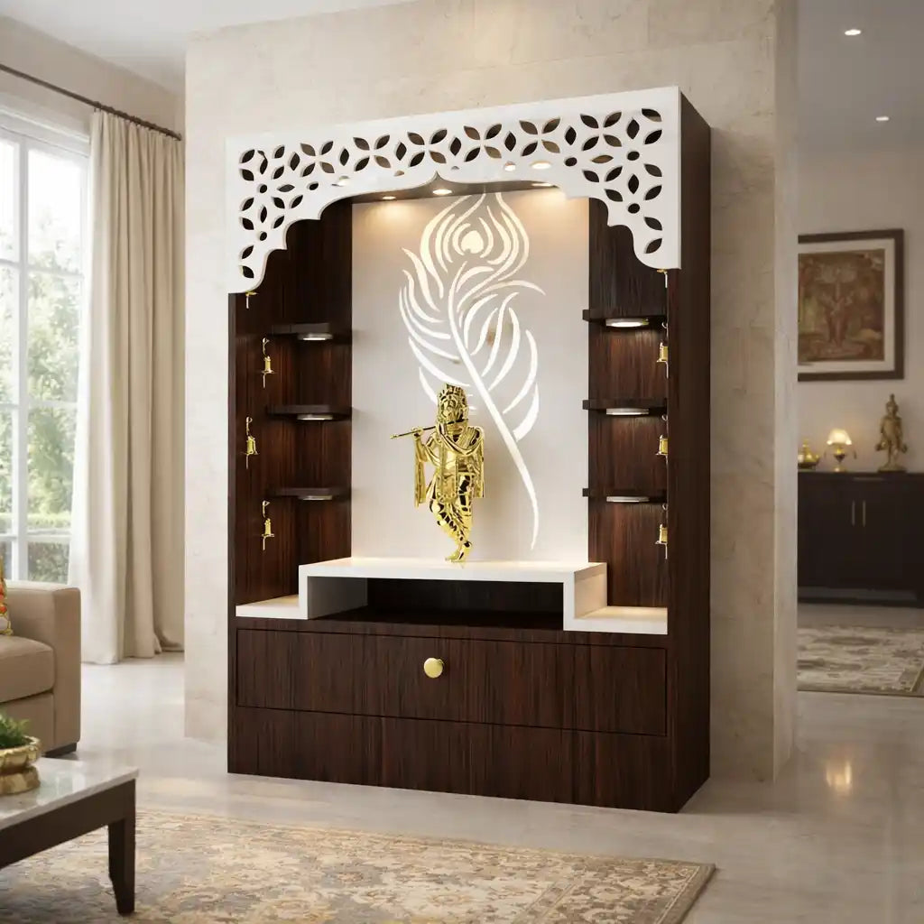 Designer Floor Pooja Mandir with LED Panel and Krishna Theme