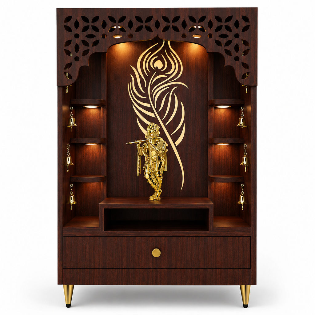 Designer Floor Pooja Mandir with LED Panel and Krishna Theme