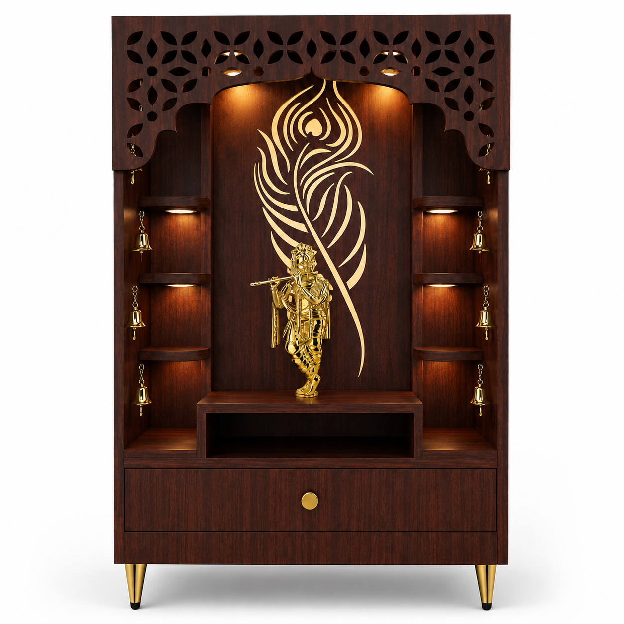 Designer Floor Pooja Mandir with LED Panel and Krishna Theme