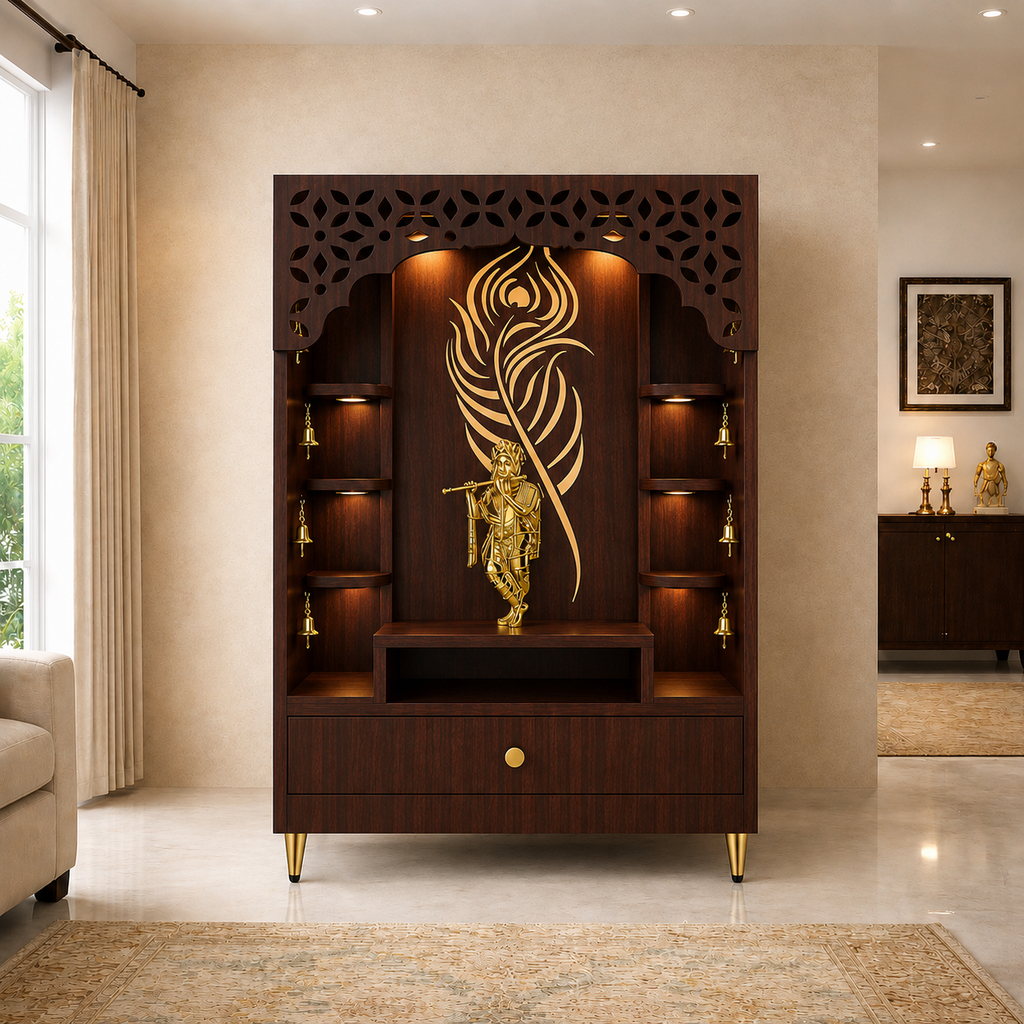 Designer Floor Pooja Mandir with LED Panel and Krishna Theme
