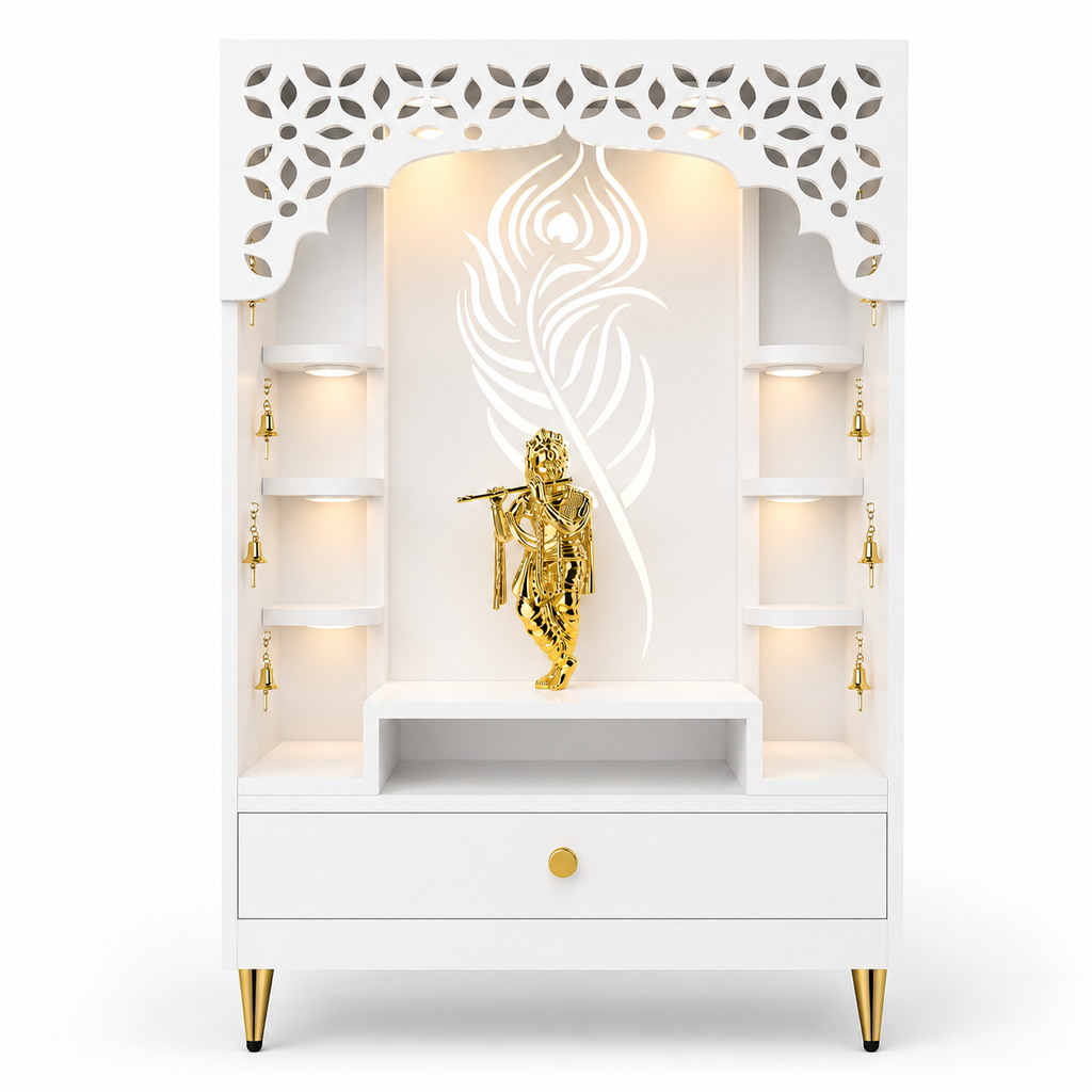 Designer Floor Pooja Mandir with LED Panel and Krishna Theme