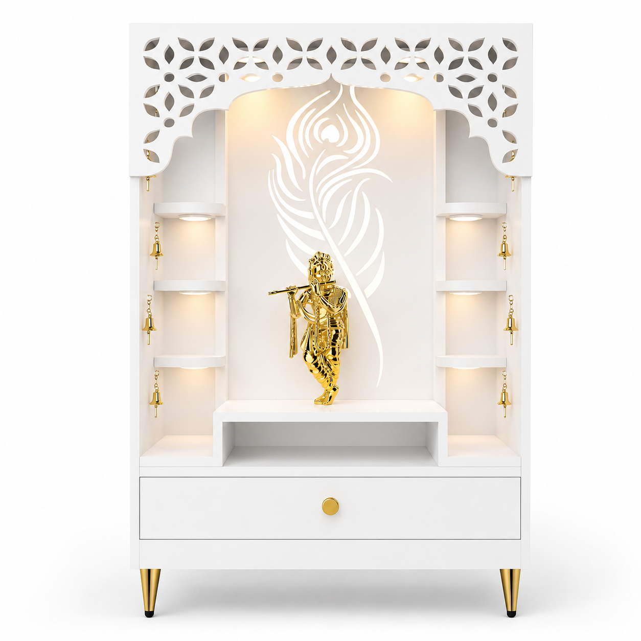 Designer Floor Pooja Mandir with LED Panel and Krishna Theme