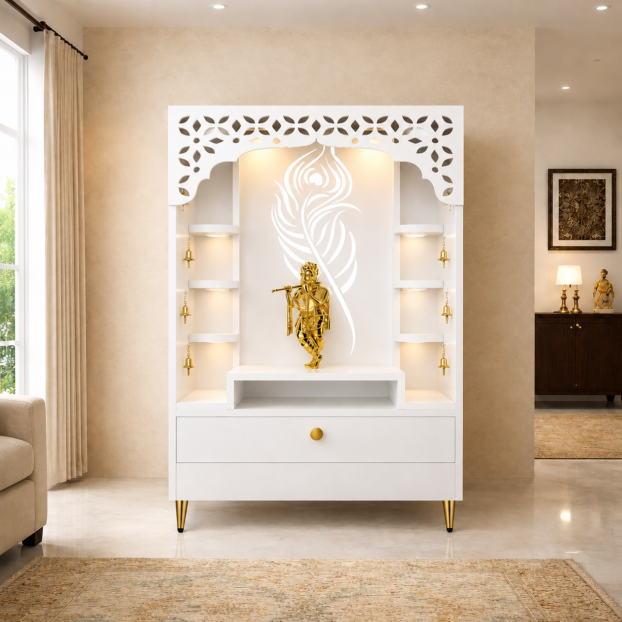Designer Floor Pooja Mandir with LED Panel and Krishna Theme