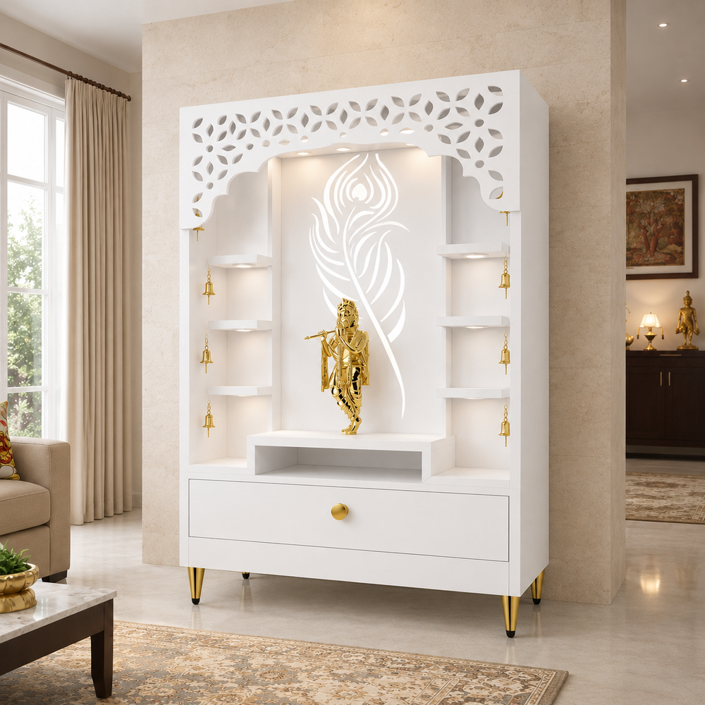 Designer Floor Pooja Mandir with LED Panel and Krishna Theme