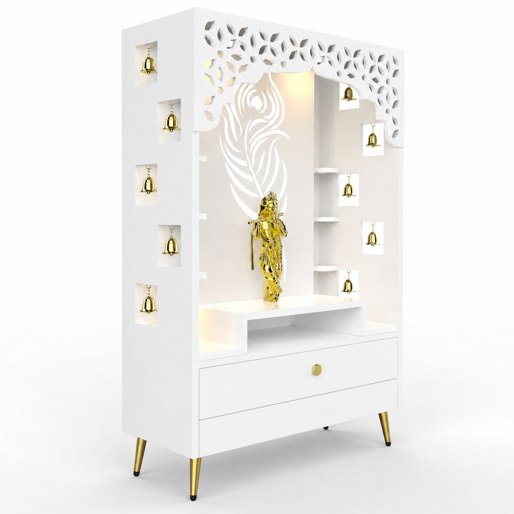 Designer Floor Pooja Mandir with LED Panel and Krishna Theme