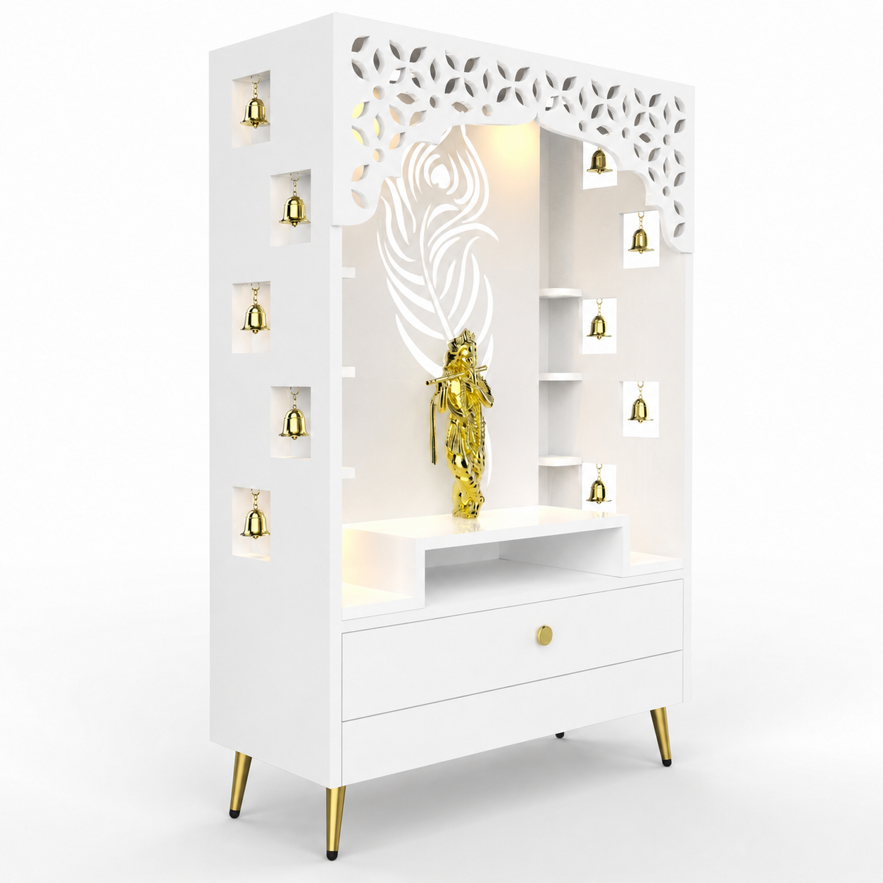Designer Floor Pooja Mandir with LED Panel and Krishna Theme