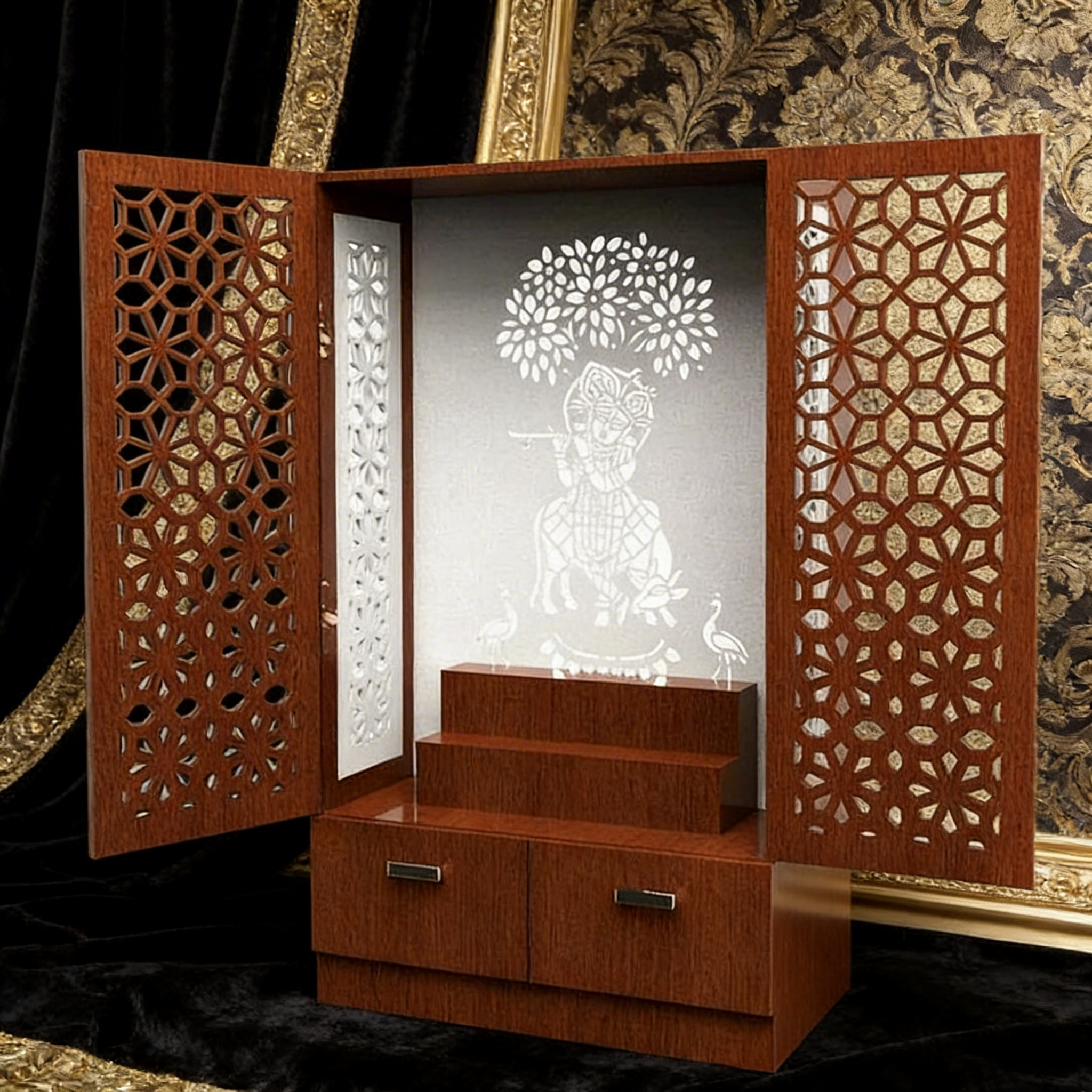 Brown Wooden Mandir for Home with Backlit Krishna and Peacocks