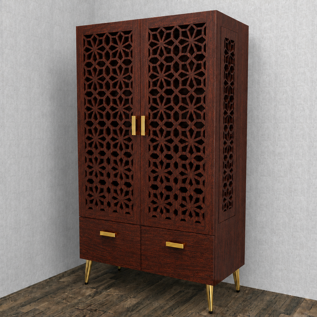 Brown Wooden Mandir for Home with Backlit Krishna and Peacocks