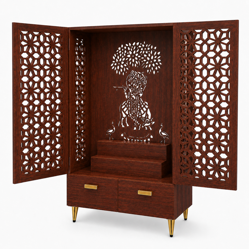 Brown Wooden Mandir for Home with Backlit Krishna and Peacocks