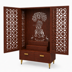 Brown Wooden Mandir for Home with Backlit Krishna and Peacocks