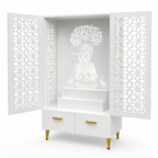 Brown Wooden Mandir for Home with Backlit Krishna and Peacocks
