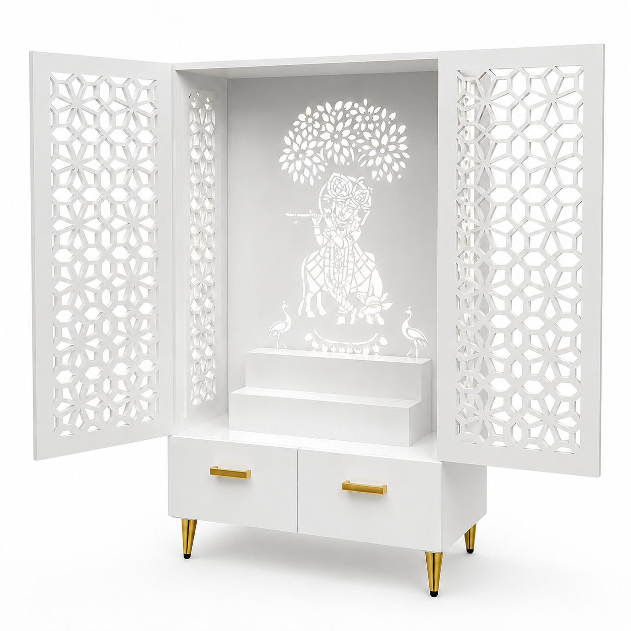Brown Wooden Mandir for Home with Backlit Krishna and Peacocks