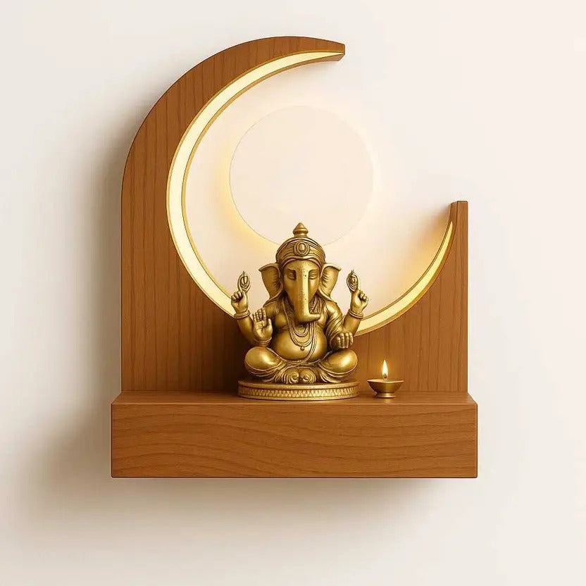Crescent Moon Design Wall Mounted Wooden Temple for Home & Office