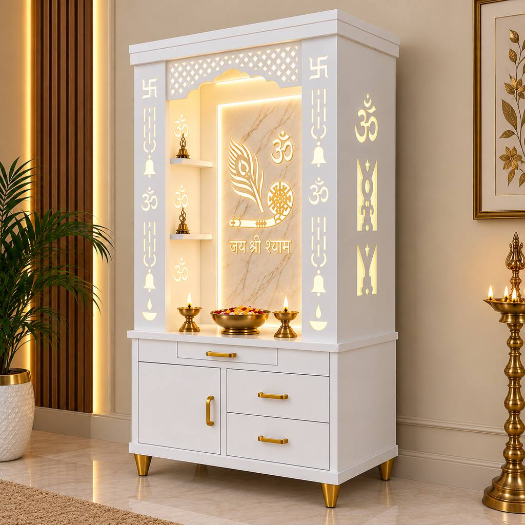 Lavish White Finish Wooden Floor Temple with Jai Shree Shyam and Murli LED Back Panel & Spacious Drawer Storage Cabinet for Home & Office