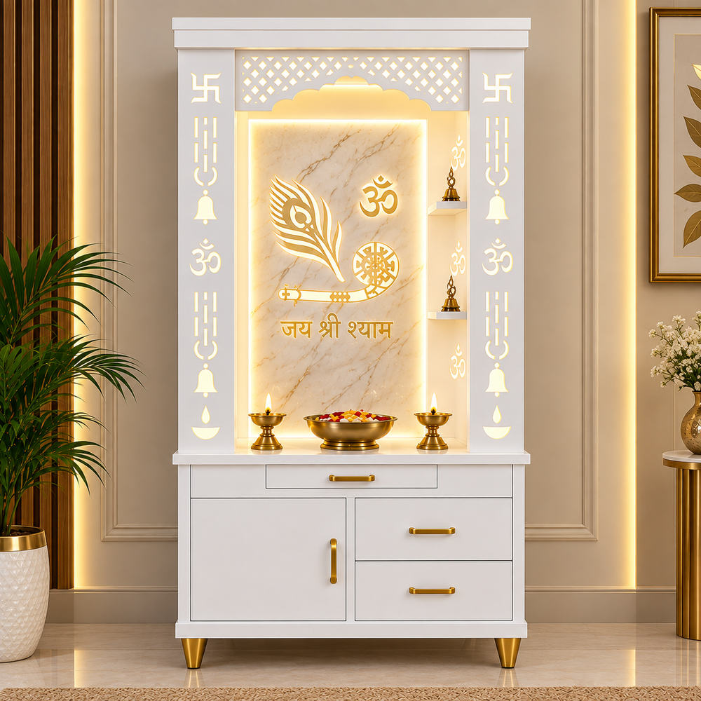 Lavish White Finish Wooden Floor Temple with Jai Shree Shyam and Murli LED Back Panel & Spacious Drawer Storage Cabinet for Home & Office