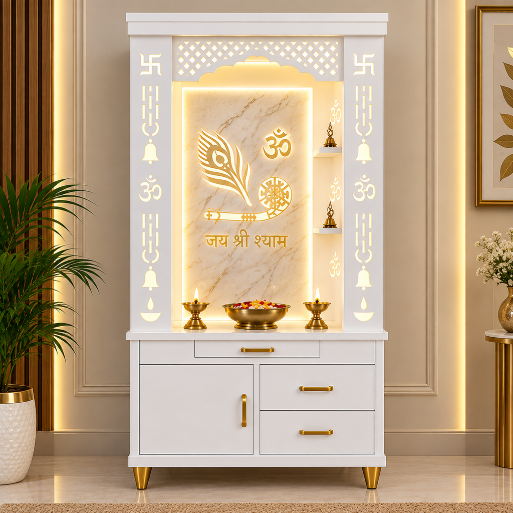 Lavish White Finish Wooden Floor Temple with Jai Shree Shyam and Murli LED Back Panel & Spacious Drawer Storage Cabinet for Home & Office