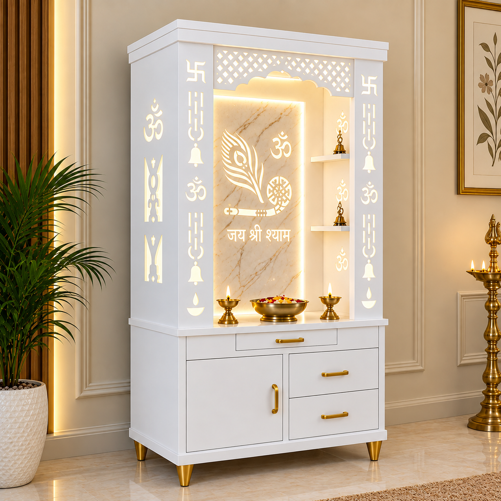 Lavish White Finish Wooden Floor Temple with Jai Shree Shyam and Murli LED Back Panel & Spacious Drawer Storage Cabinet for Home & Office
