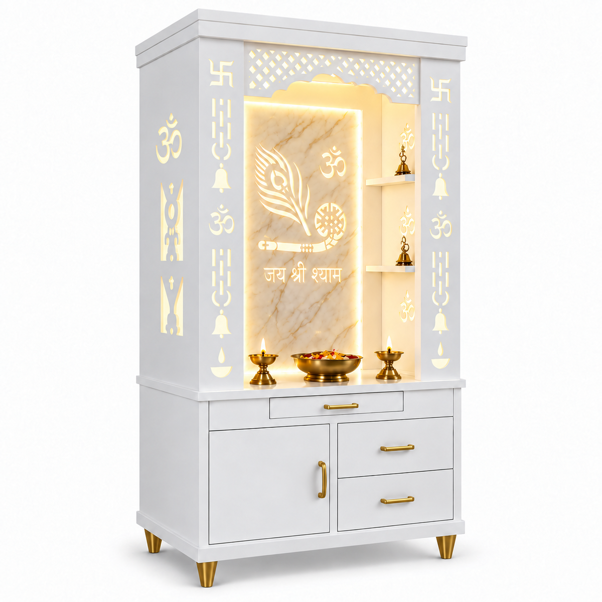 Lavish White Finish Wooden Floor Temple with Jai Shree Shyam and Murli LED Back Panel & Spacious Drawer Storage Cabinet for Home & Office