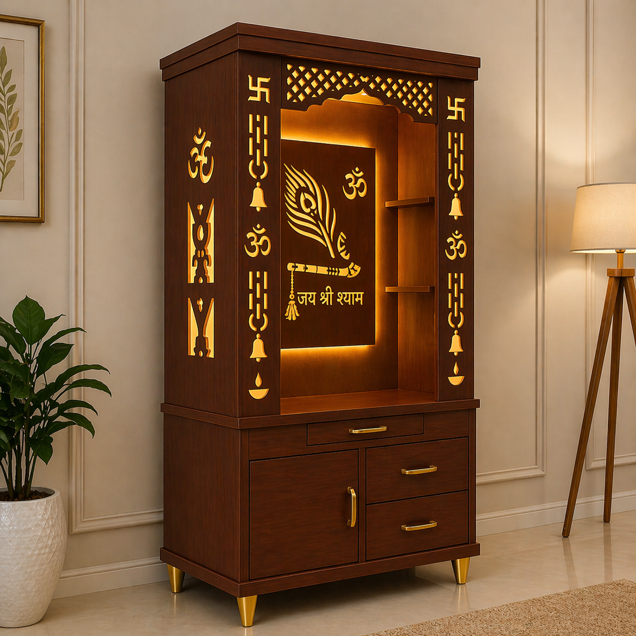 Lavish White Finish Wooden Floor Temple with Jai Shree Shyam and Murli LED Back Panel & Spacious Drawer Storage Cabinet for Home & Office