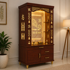 Lavish White Finish Wooden Floor Temple with Jai Shree Shyam and Murli LED Back Panel & Spacious Drawer Storage Cabinet for Home & Office