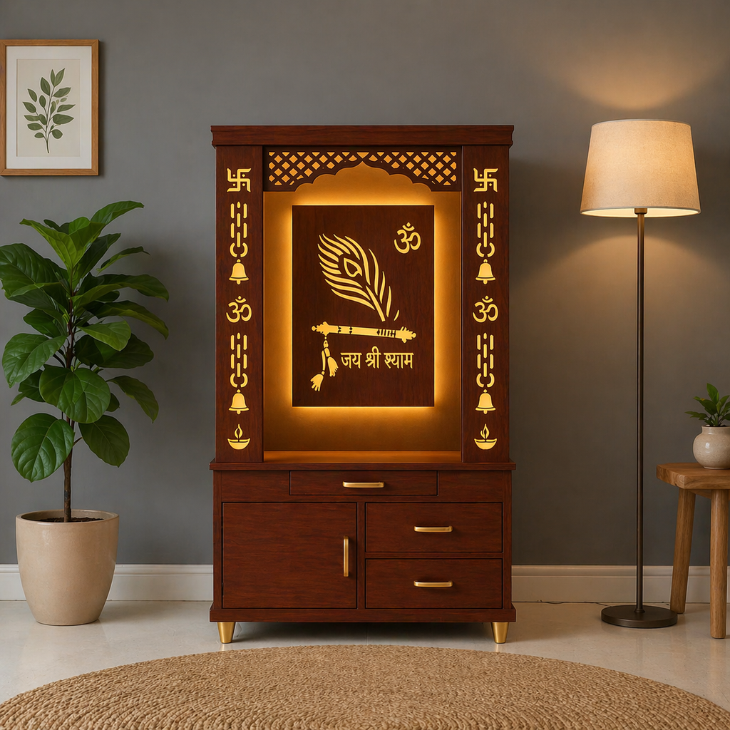 Lavish White Finish Wooden Floor Temple with Jai Shree Shyam and Murli LED Back Panel & Spacious Drawer Storage Cabinet for Home & Office