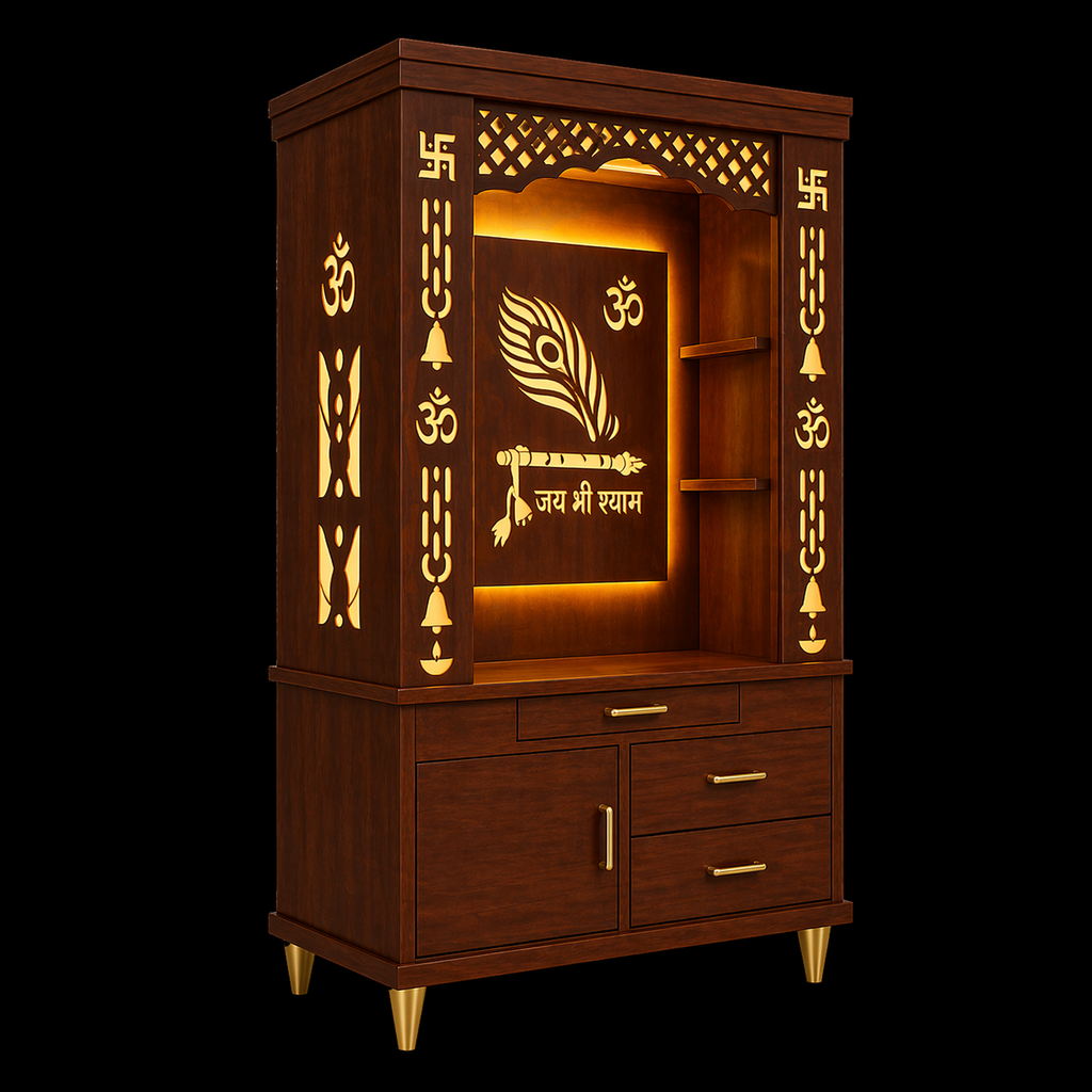 Lavish White Finish Wooden Floor Temple with Jai Shree Shyam and Murli LED Back Panel & Spacious Drawer Storage Cabinet for Home & Office