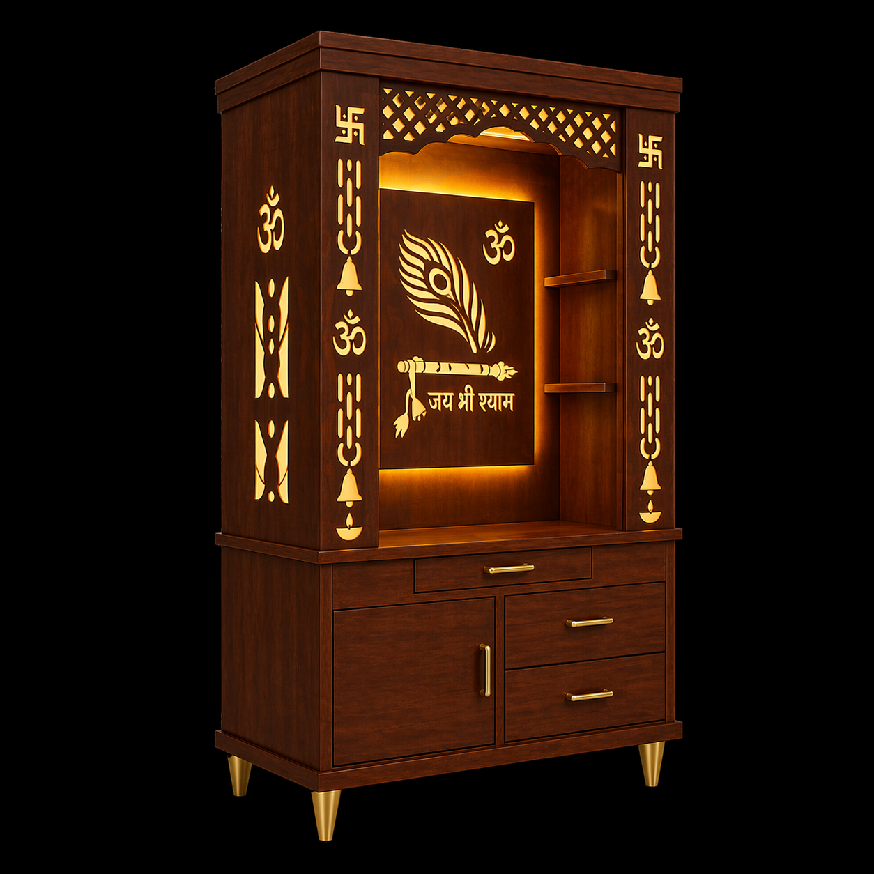 Lavish White Finish Wooden Floor Temple with Jai Shree Shyam and Murli LED Back Panel & Spacious Drawer Storage Cabinet for Home & Office
