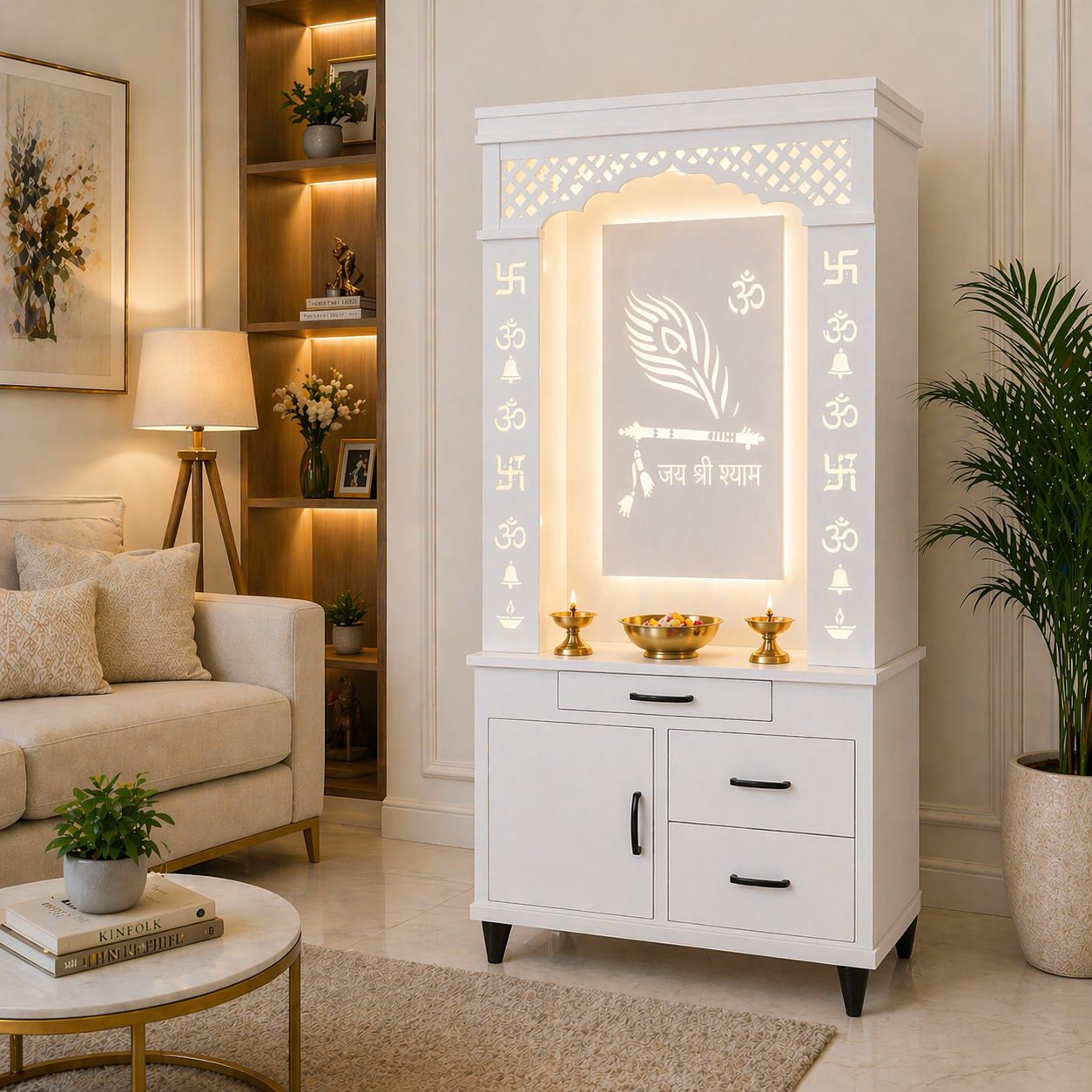 Lavish White Finish Wooden Floor Temple with Jai Shree Shyam and Murli LED Back Panel & Spacious Drawer Storage Cabinet for Home & Office