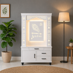 Lavish White Finish Wooden Floor Temple with Jai Shree Shyam and Murli LED Back Panel & Spacious Drawer Storage Cabinet for Home & Office